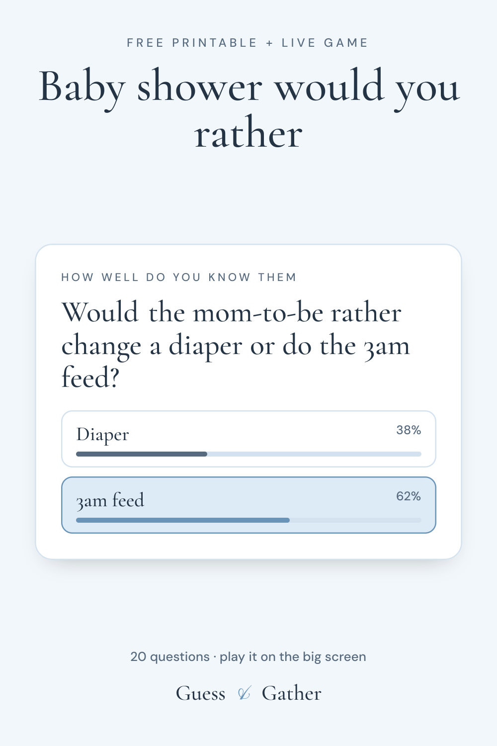 Pinterest pin: Baby shower would you rather: free printable and live game