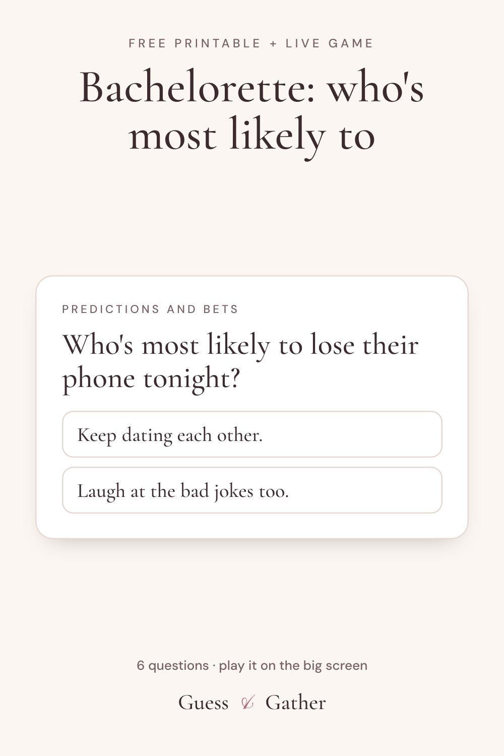 Pinterest pin: Bachelorette: who's most likely to: free printable