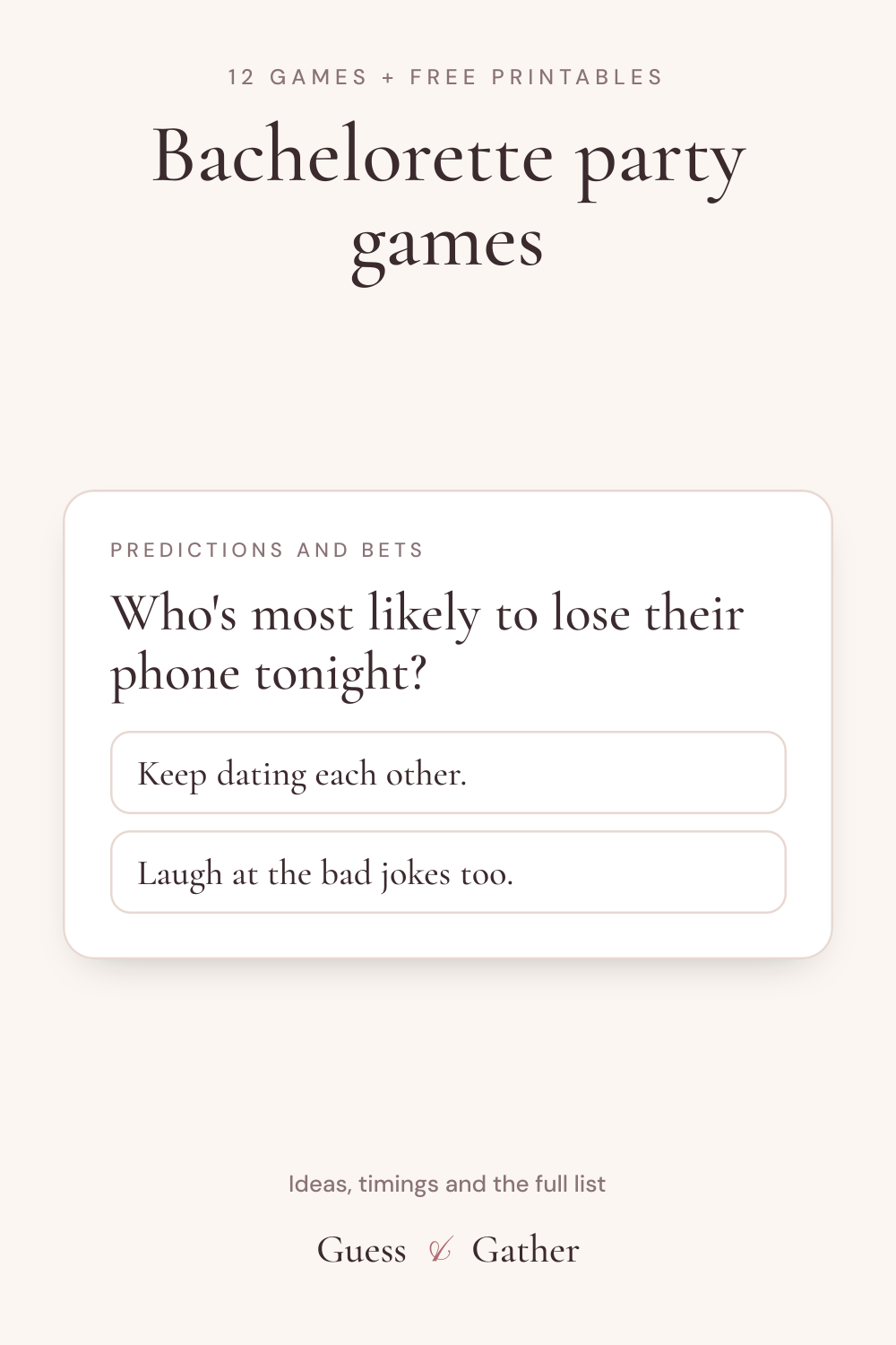 Pinterest pin: Bachelorette party games: free printables and live