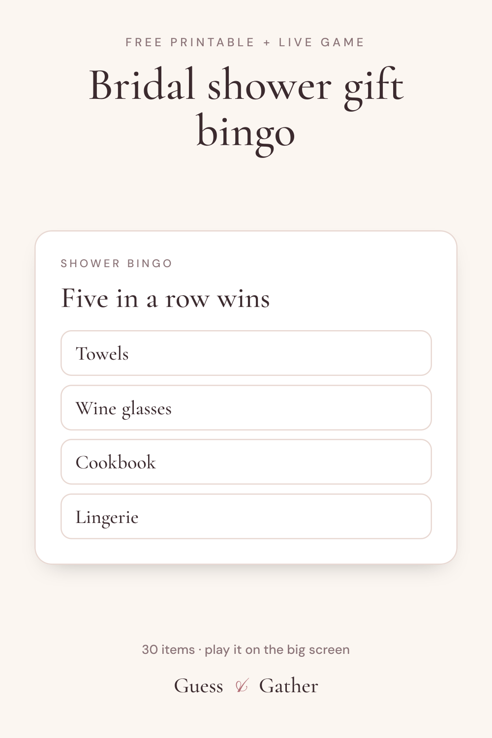 Pinterest pin: Bridal shower gift bingo: free printable and live game