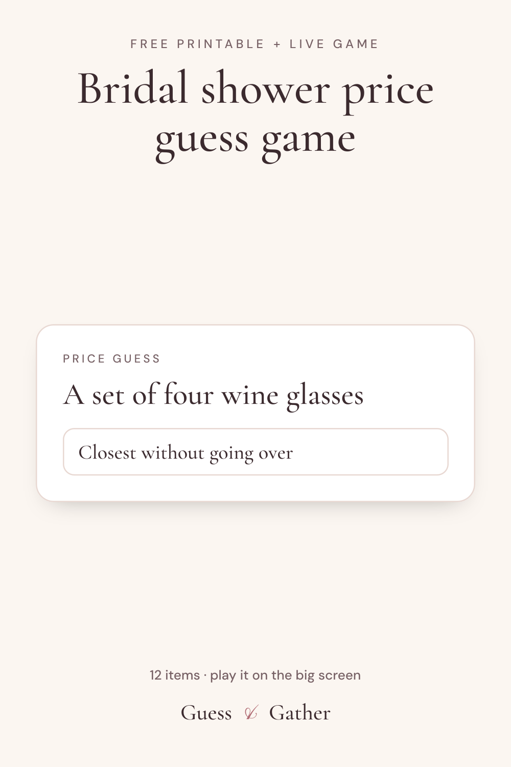 Pinterest pin: Bridal shower price guess game: free printable and live game