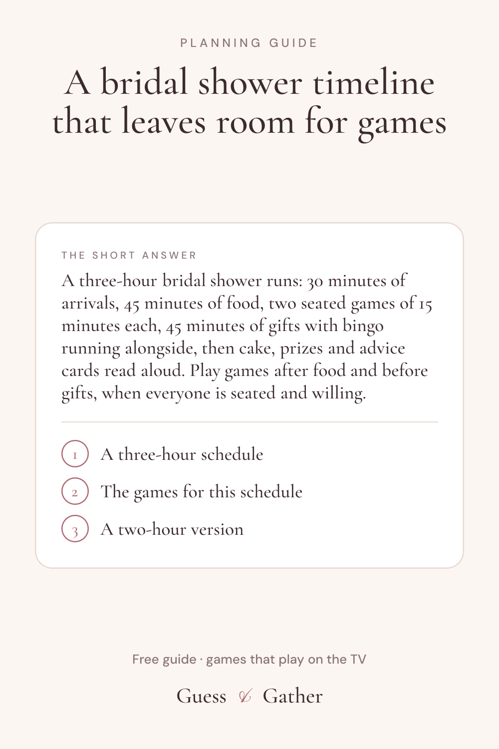 Pinterest pin: Bridal shower timeline: a schedule with games