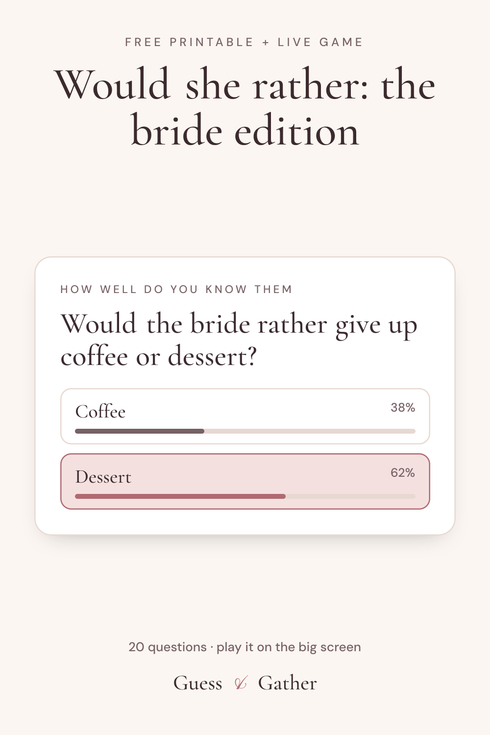 Pinterest pin: Would she rather: the bride edition: free printable