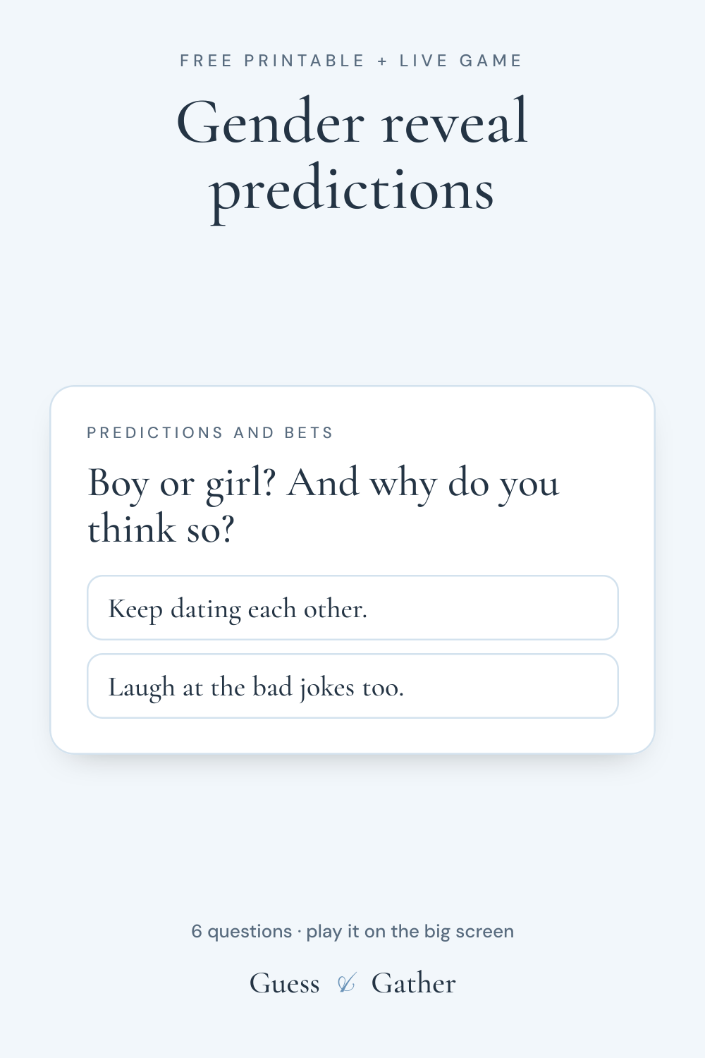 Pinterest pin: Gender reveal predictions: free printable and live game