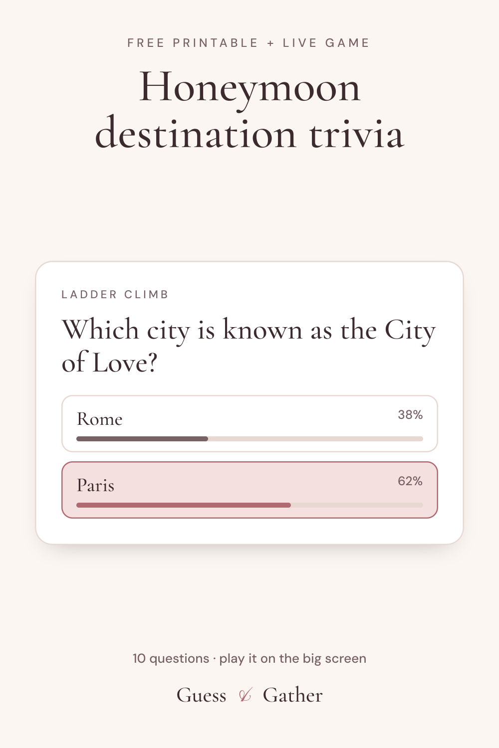 Pinterest pin: Honeymoon destination trivia: free printable and live game