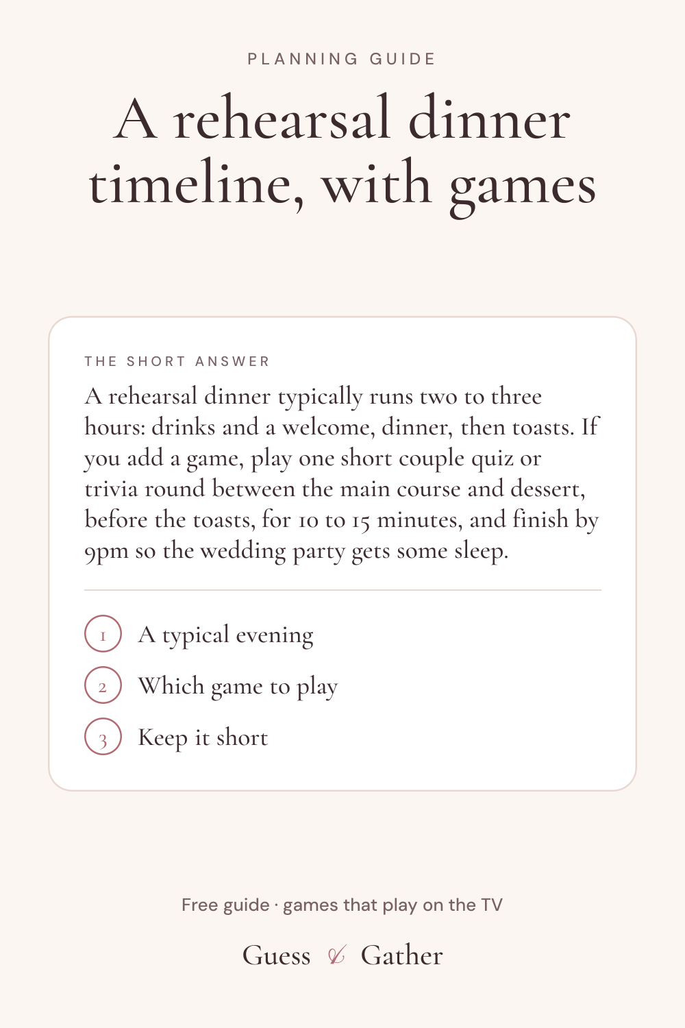 Pinterest pin: Rehearsal dinner timeline: toasts, dinner and games