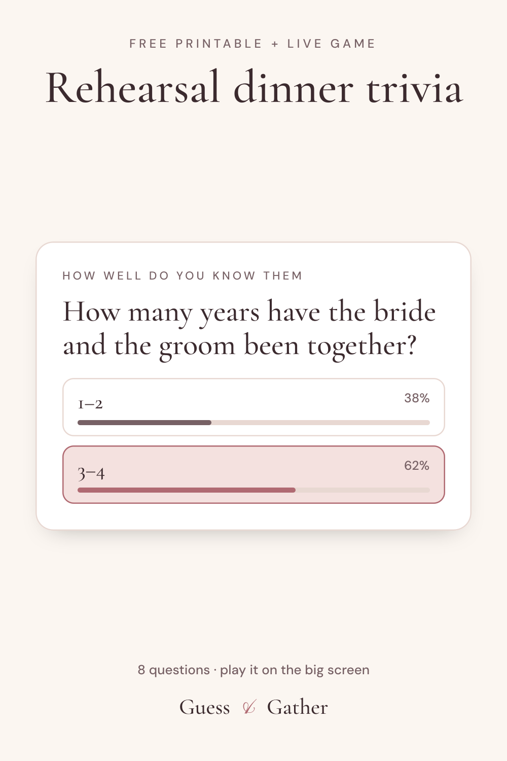 Pinterest pin: Rehearsal dinner trivia: free printable and live game