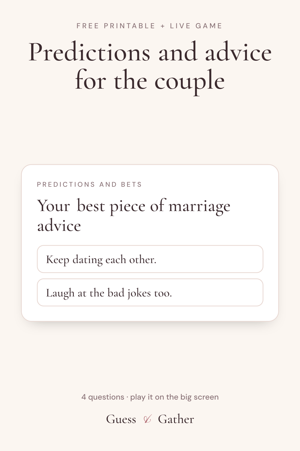 Pinterest pin: Predictions and advice for the couple: free printable