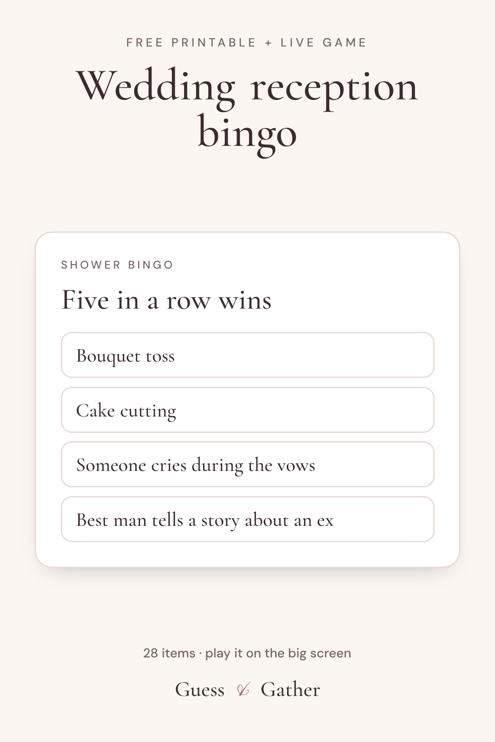 Pinterest pin: Wedding reception bingo: free printable and live game